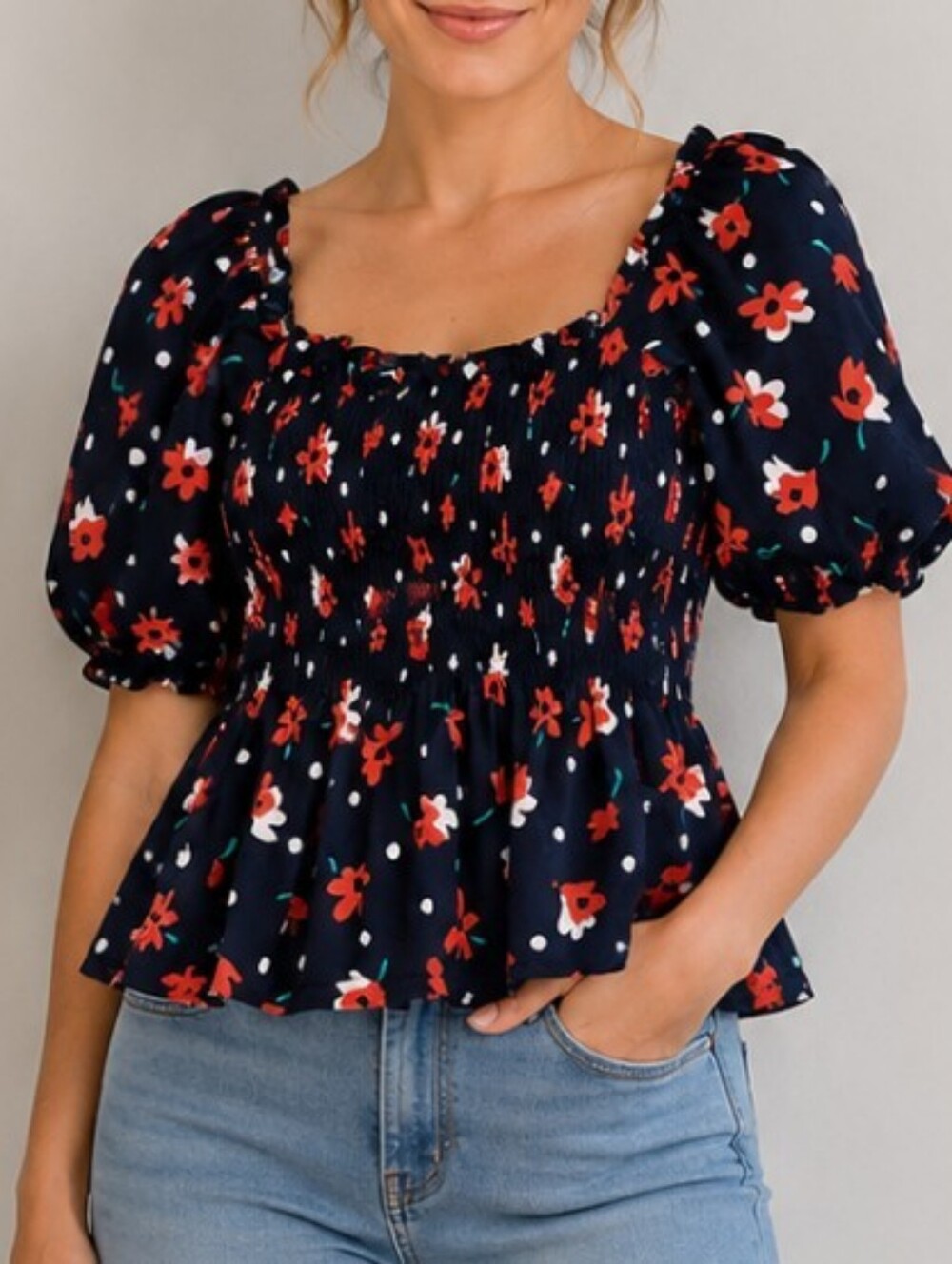 KATE SPADE Whimsy Floral Puff Sleeve Top Womens Navy Red Sz S